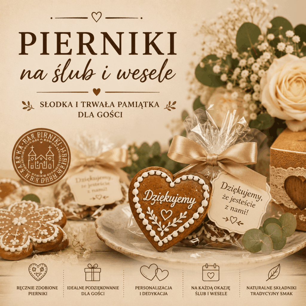Pierniki na ślub i wesele jako słodkie podziękowanie dla gości weselnych - ręcznie zdobione Bardzkie Pierniki