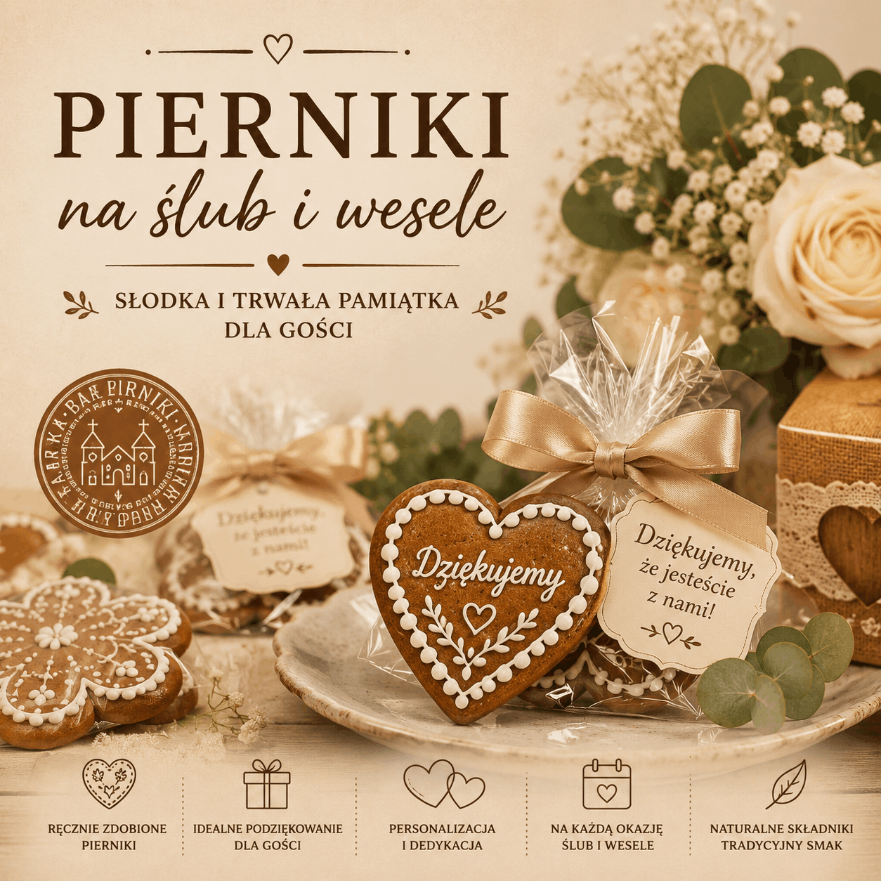 Pierniki na ślub i wesele jako słodkie podziękowanie dla gości weselnych - ręcznie zdobione Bardzkie Pierniki